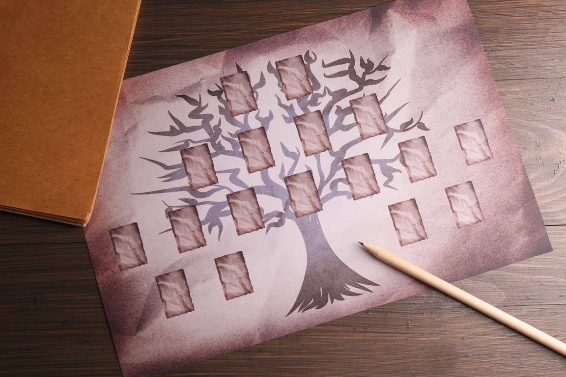 Blank  Tree, Notebook and Pencil on Wooden Table, Flat Lay